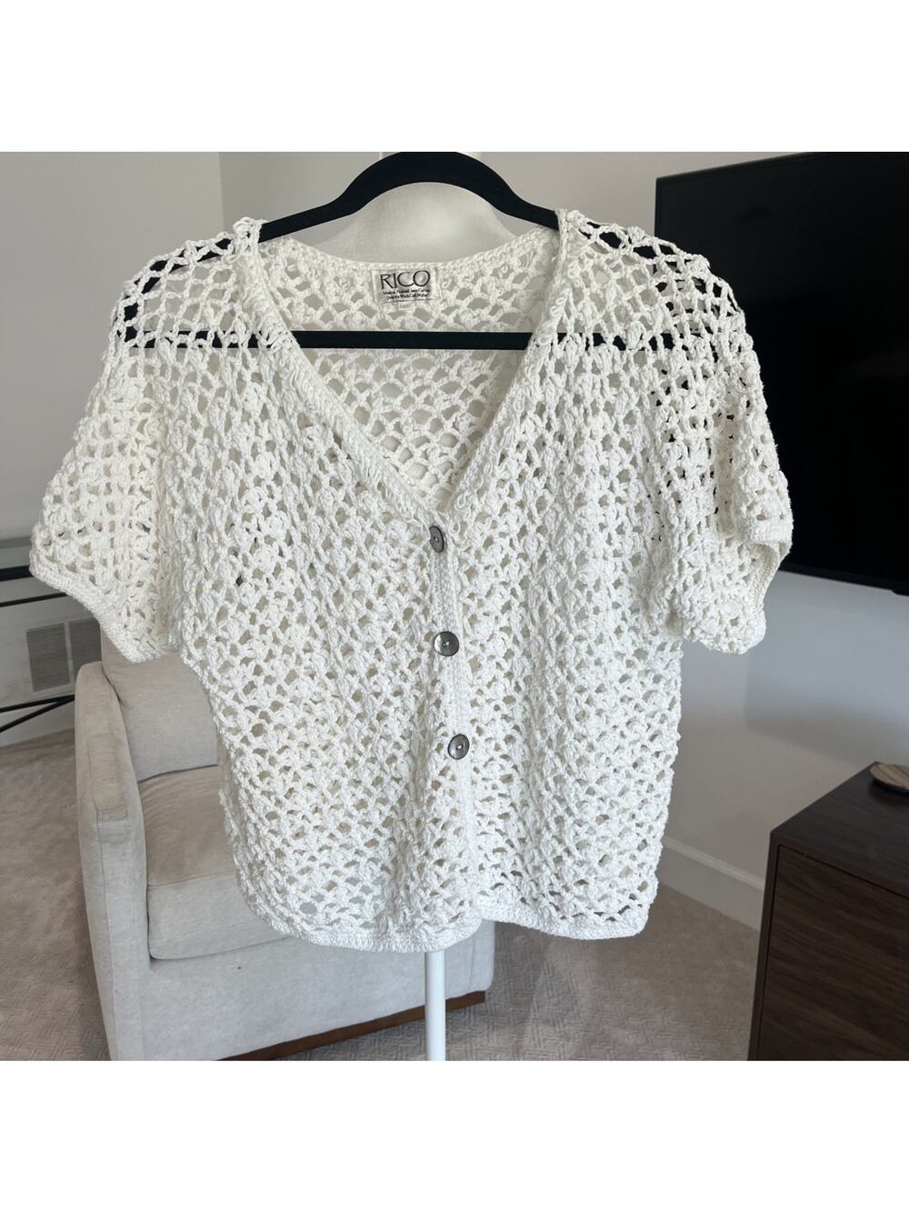 Vtg RICO Open Knit Cotton Sweater Cardigan Women’s S/M Cream Ivory FLAW